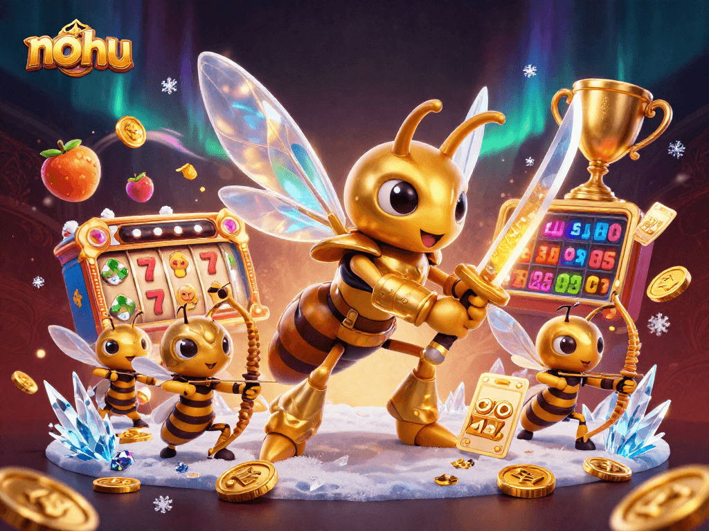 Engage with no hu slots as the golden hornet hero battles for jackpots amidst flying fruit symbols and trophy cups.
