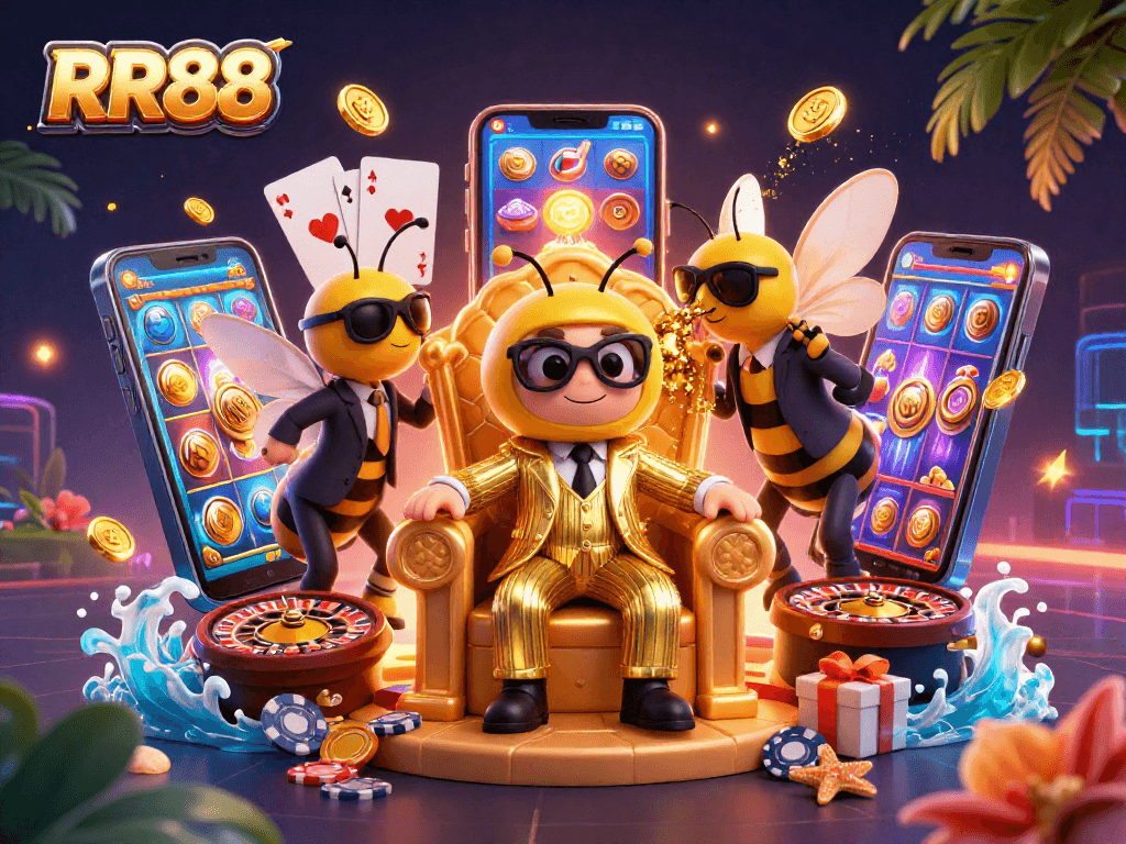Experience the excitement of RR88 with vibrant 3D casino elements and lively characters engaging in thrilling gaming.