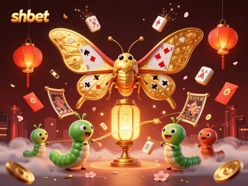 Experience thrill with shbet's engaging 3D casino scene featuring a majestic atlas moth and vibrant game elements.