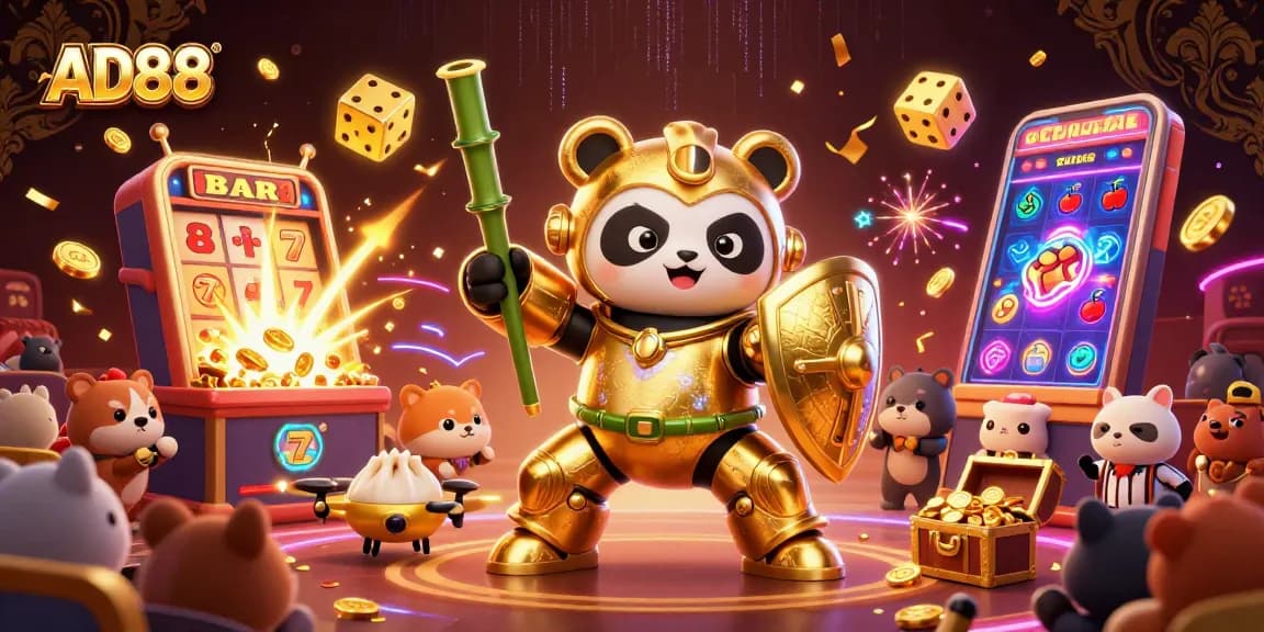 Experience the excitement of AD88 with a vibrant 3D illustration featuring dynamic casino elements.