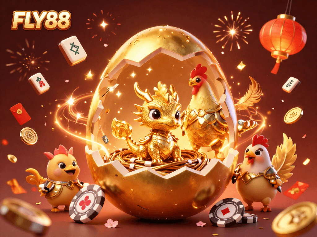 FLY88 showcases a captivating scene with a golden dragon amidst poker chips celebrating a vibrant casino atmosphere.