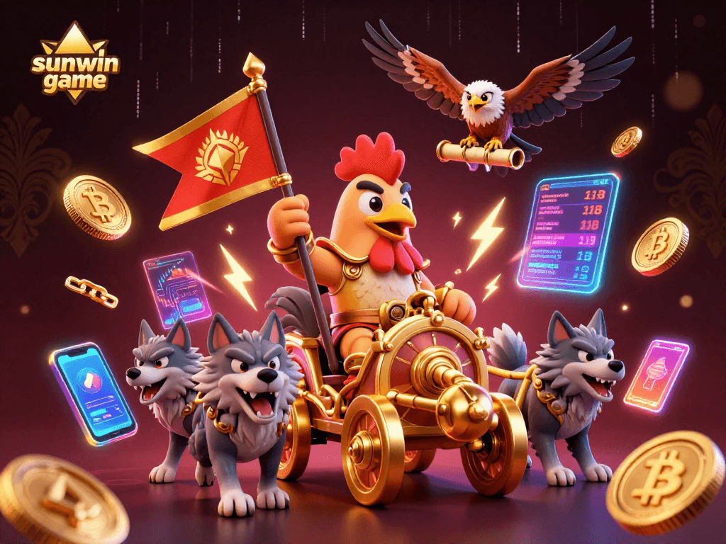 Engage in sunwin game excitement with a cartoon rooster warlord in a dynamic casino adventure.
