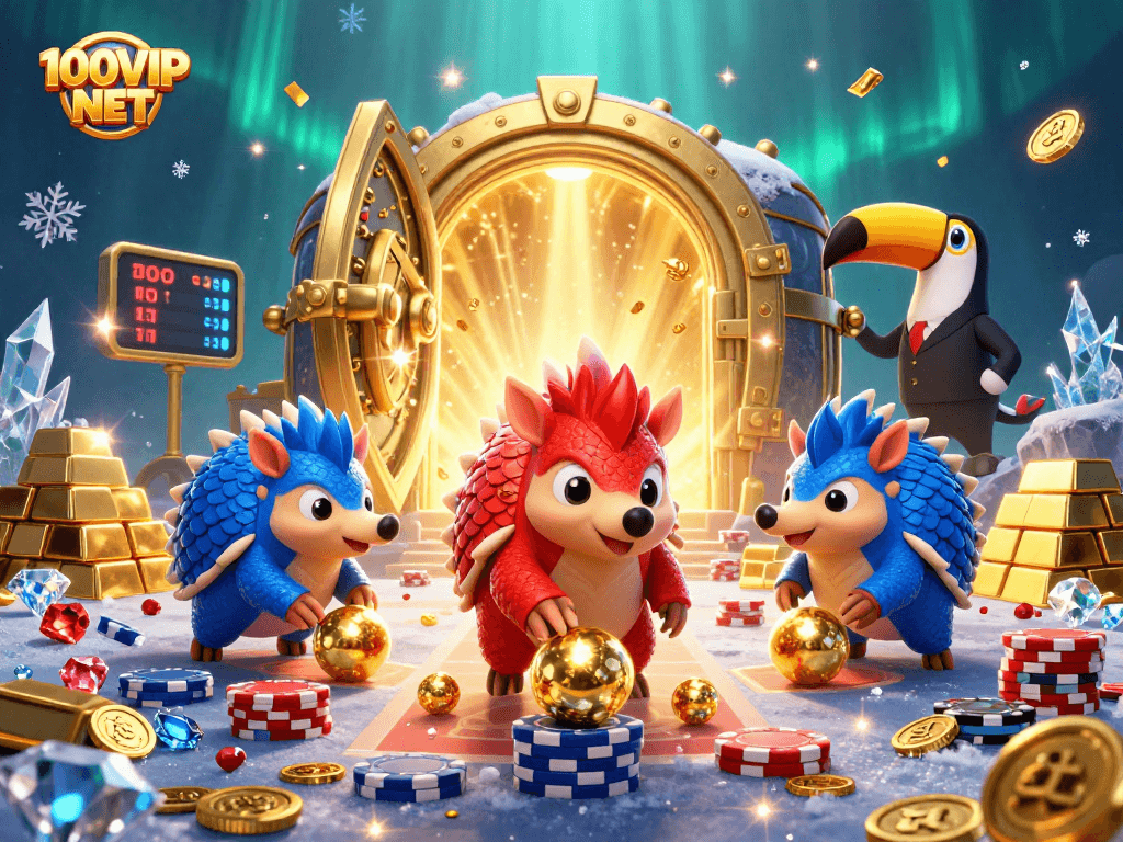 Engage in gameplay at 100VIP NET as rival pangolins roll bowling balls in a casino-themed dynamic scene.