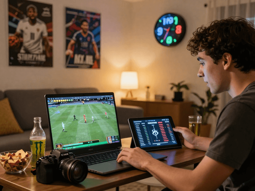 Engaged user enjoying CV666 live betting experience at home with snacks and sports stats on tablet.