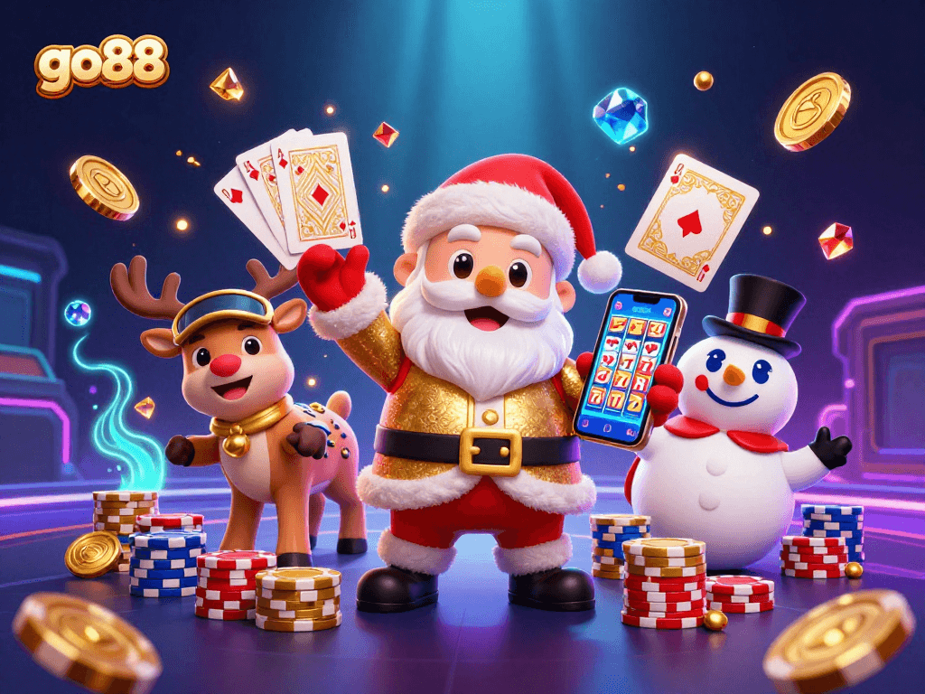 Experience exciting go88 casino action with Santa, a reindeer dealer, and a poker chip snowman.