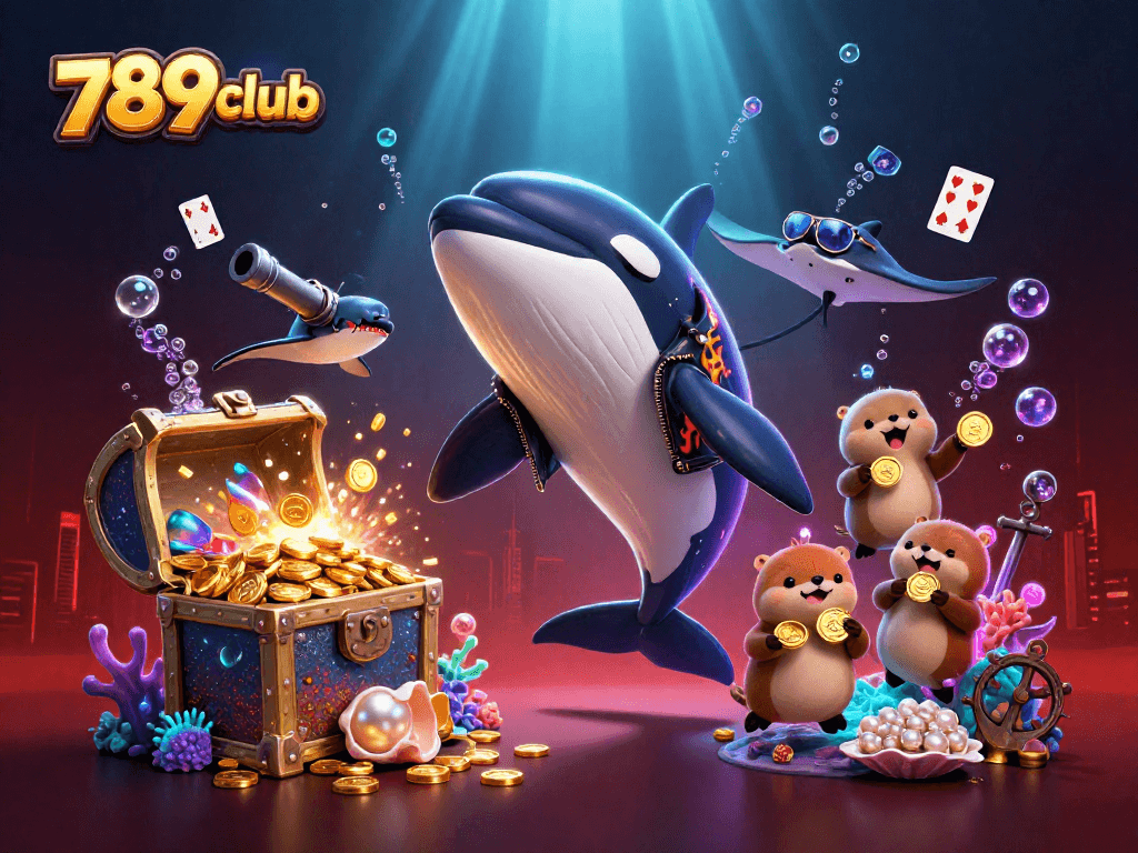 Engage in fun with 789club, as orca and sea otters celebrate winnings among treasure.