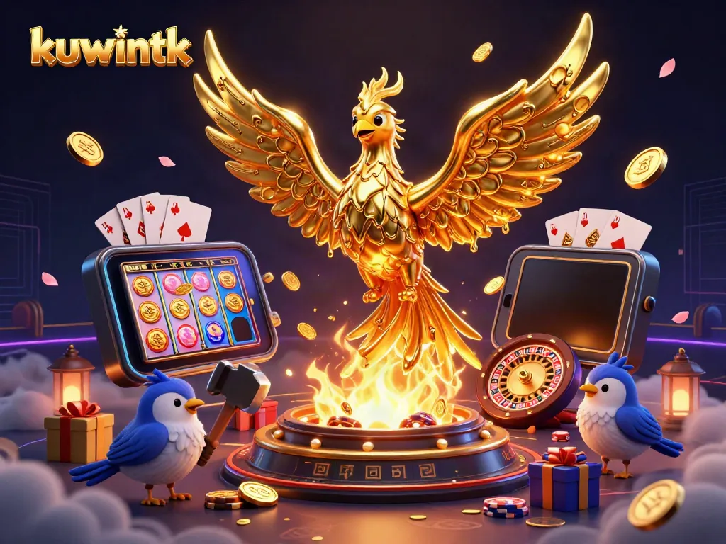 Experience the exciting kuwinkt gaming scene with a dynamic golden phoenix amidst vibrant casino elements.
