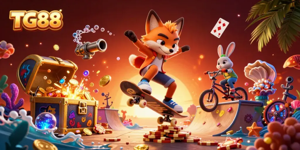 Engage in thrilling games at TG88 with vibrant casino scene featuring a cartoon fox and rabbit.