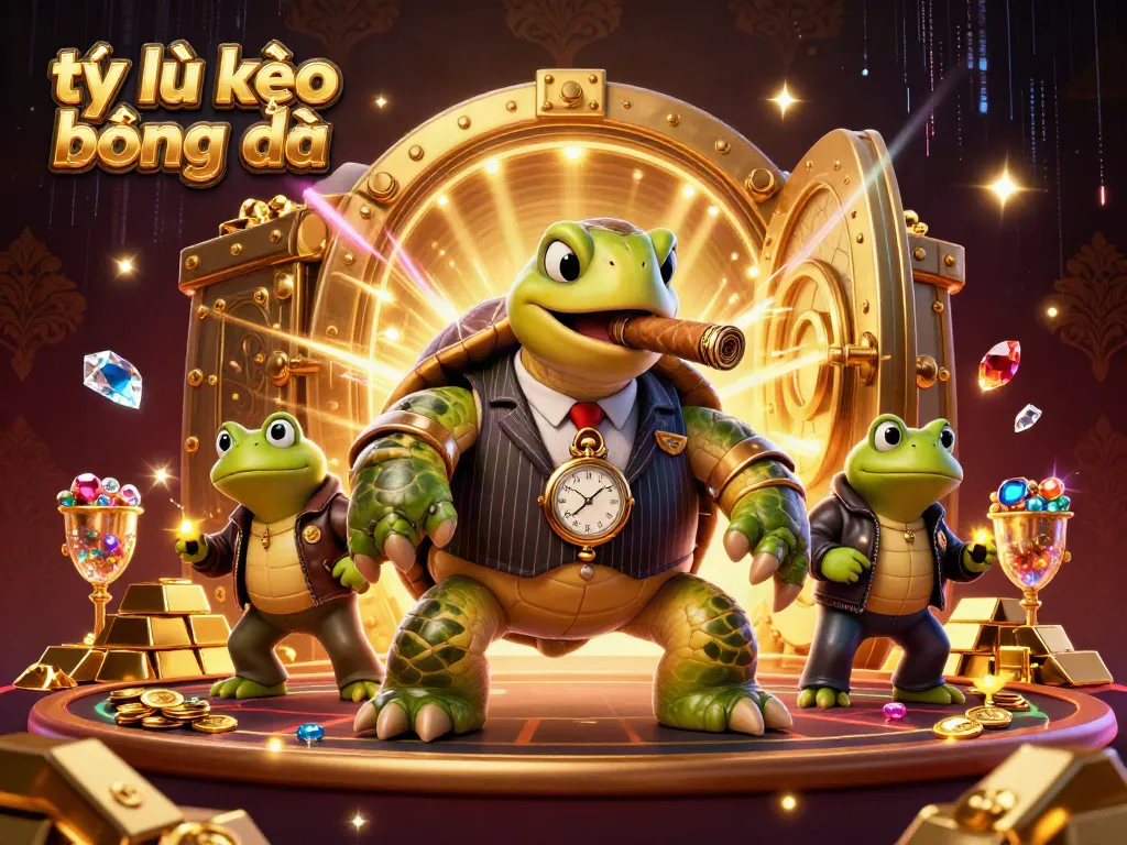 This scene captures the excitement of tỷ lệ kèo bóng đá as a cartoon turtle and bullfrogs celebrate amidst treasures in a lavish casino.