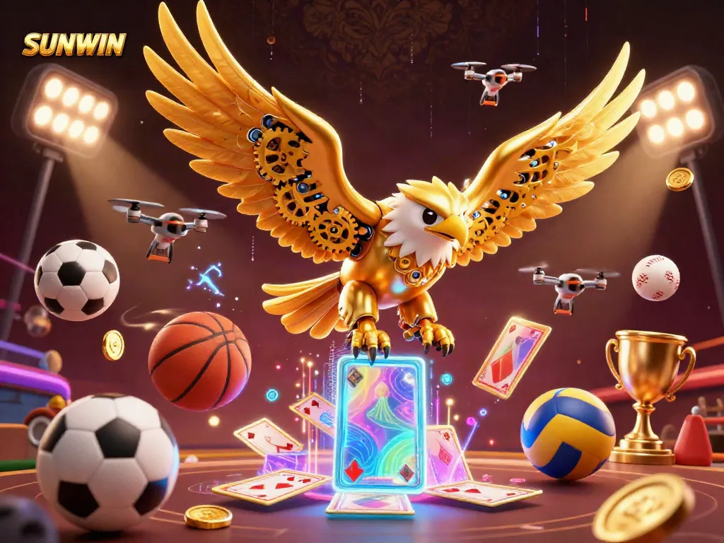 SUNWIN showcases a dynamic scene with a cybernetic golden eagle soaring through holographic cards, representing online gaming excitement.