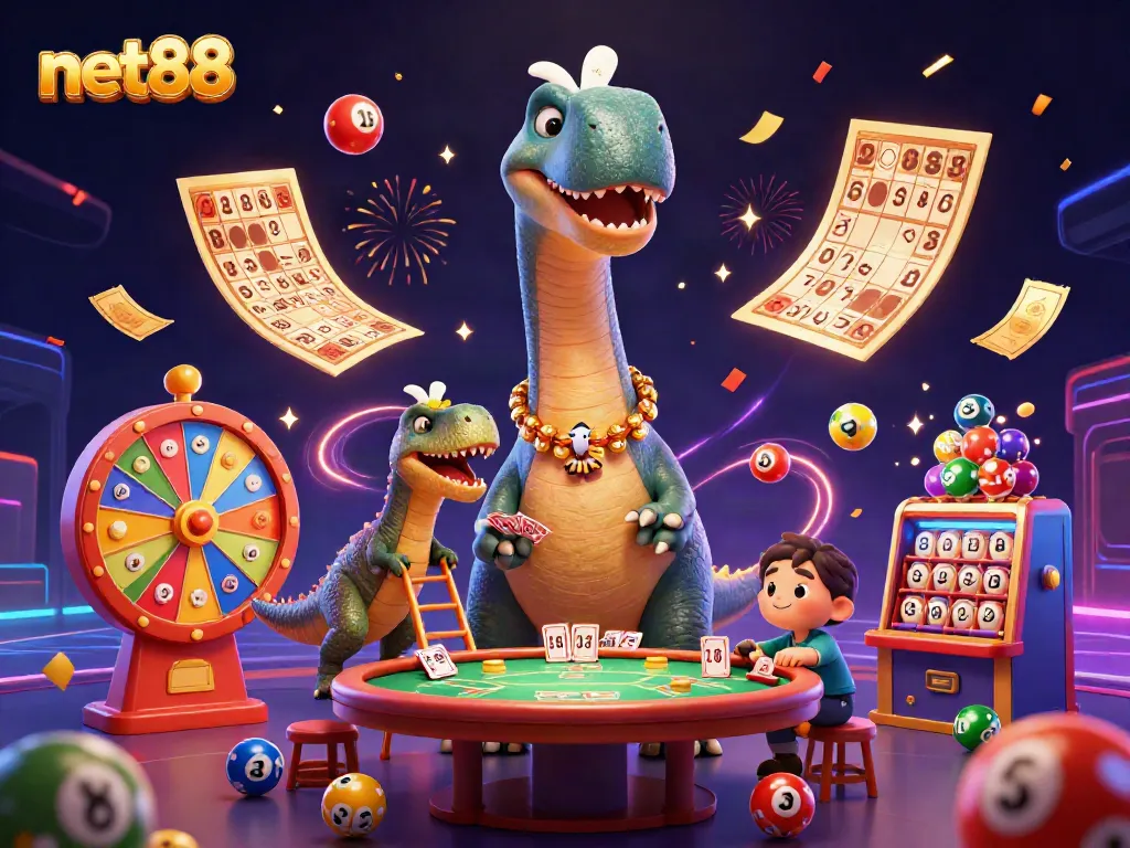 Watch the brontosaurus at net88 participate in a lively casino scene, surrounded by lottery balls and cards.
