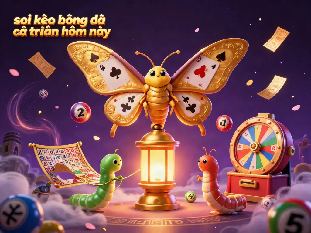 Engage with soi kèo bóng đá các trận hôm nay in this vibrant 3D casino-themed illustration featuring a golden moth and lively game elements.