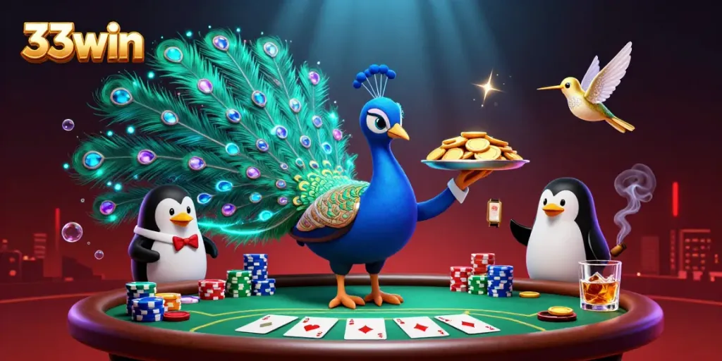 Experience the vibrant action of 33win with a lively scene featuring a peacock, penguin, and hummingbird amidst a dynamic casino setting.