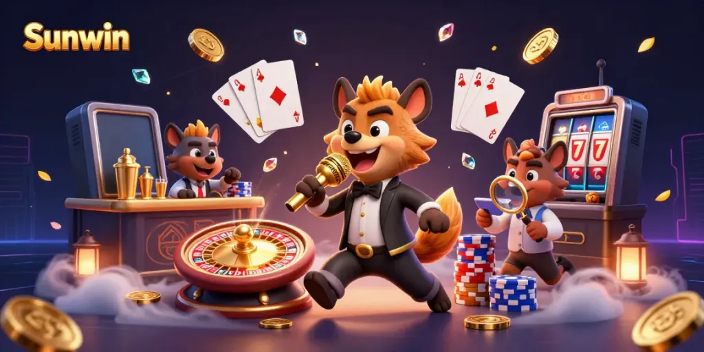 Bettors enjoy lively entertainment at Sunwin Casino with hyenas performing comedy and mixing drinks amidst cascading coins.