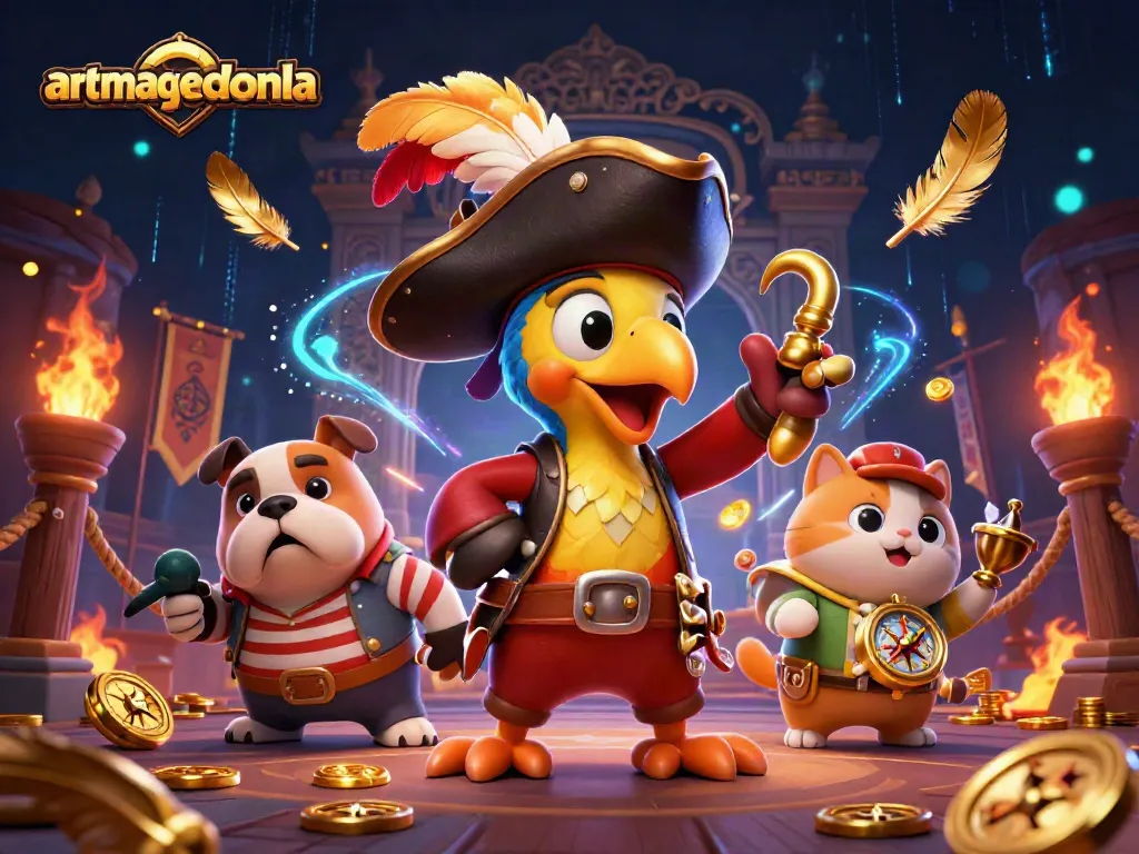 Place bets at artmageddonla with a dynamic scene of pirate-themed carnival games and whimsical characters.