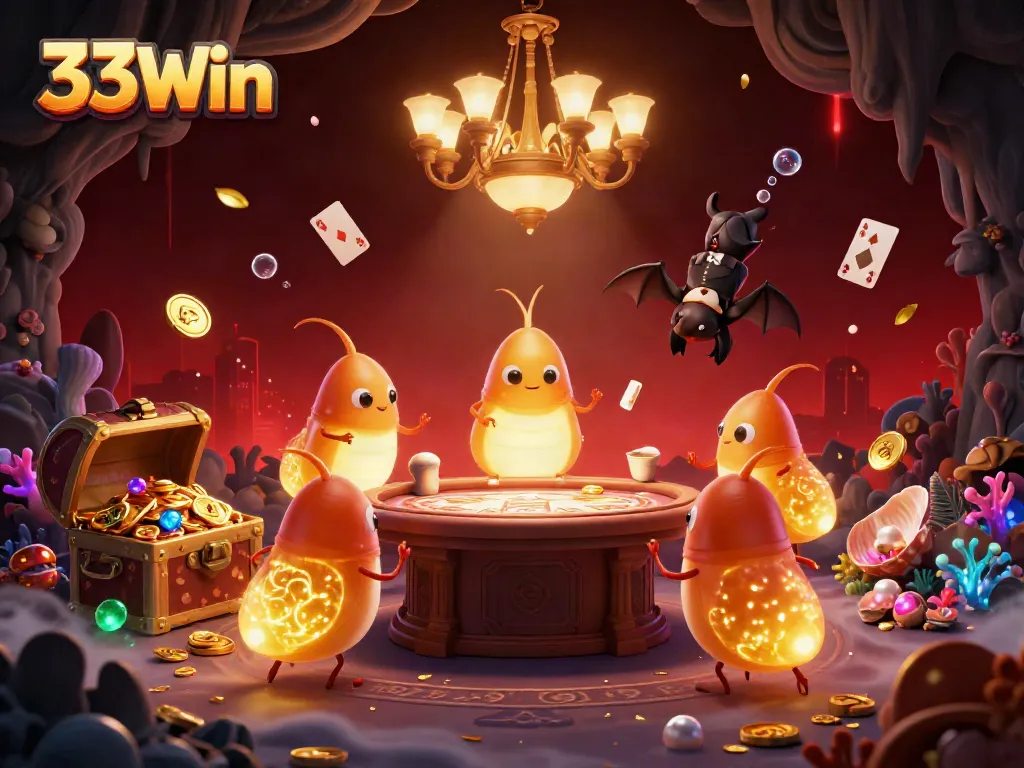 Experience the glow of 33Win in a vibrant cave casino as glowworms illuminate the scene with gold and excitement.