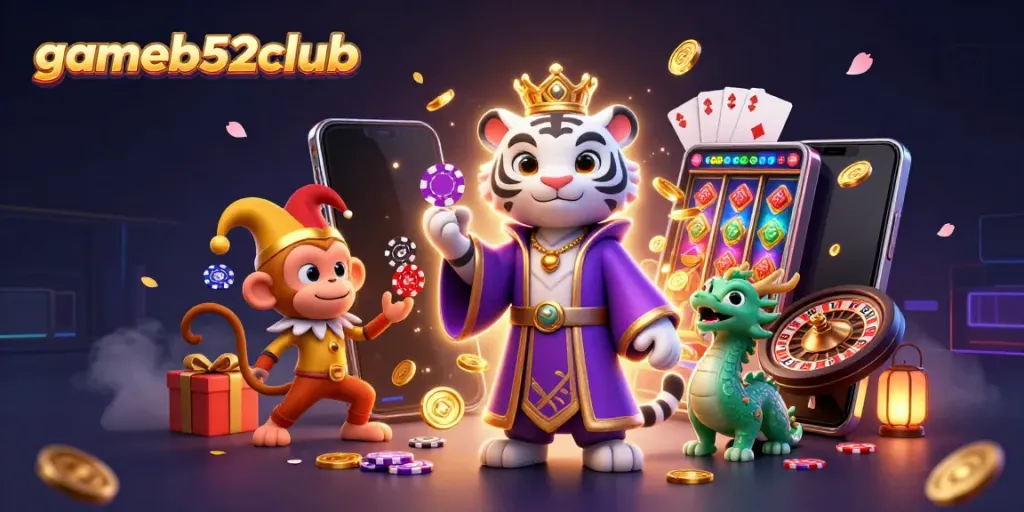 Engage with gameb52club as a majestic tiger, playful monkey, and jade dragon thrive amidst casino chaos.