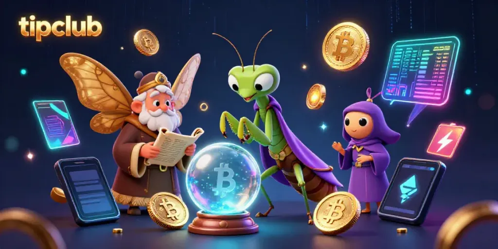 Engage with tipclub as a 3D cartoon praying mantis fortune teller delivers insights amid glowing cryptocurrency elements.