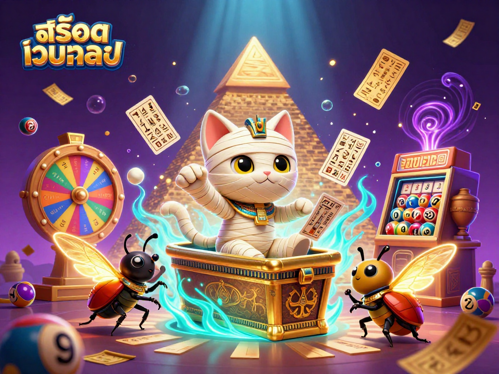 Experience the thrill of สล็อตเว็บตรง with a captivating 3D illustration of a mummy cat and vibrant casino elements.