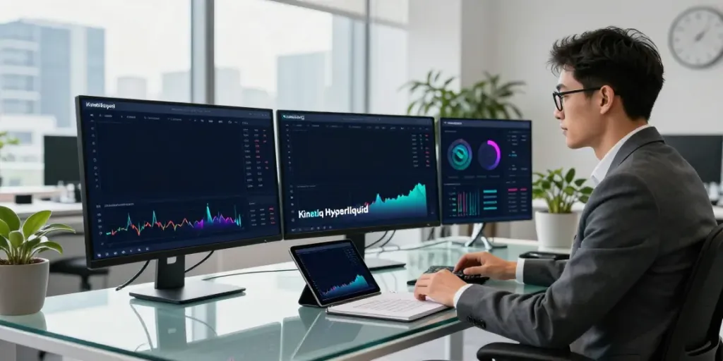 Financial analyst at a modern workspace analyzing Kinetiq Hyperliquid metrics.