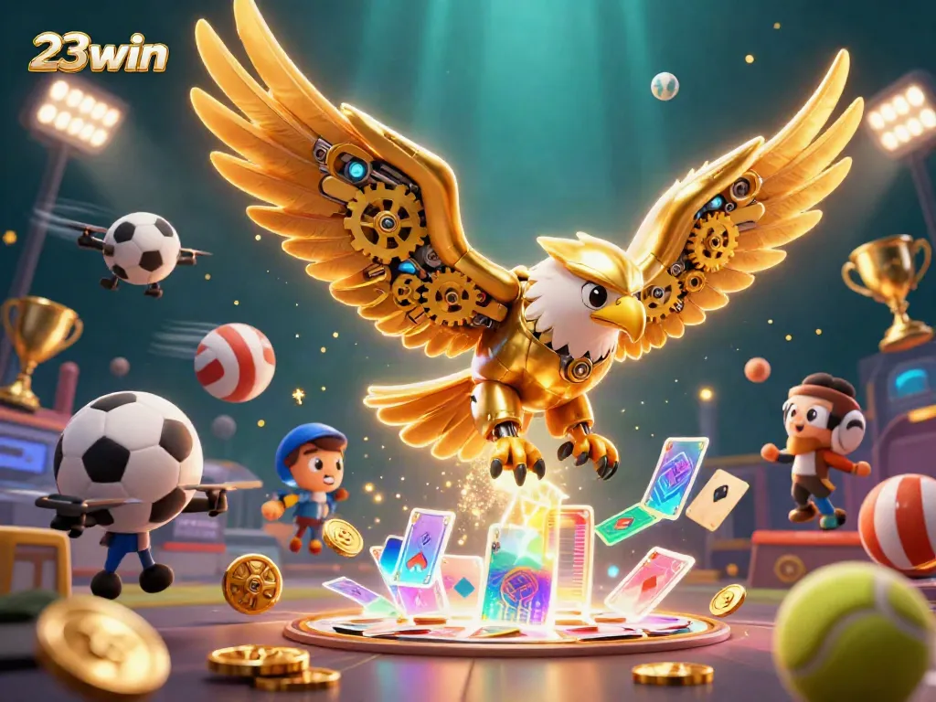 Experience the excitement of betting with 23win as the cybernetic eagle dives through a cascade of playing cards.