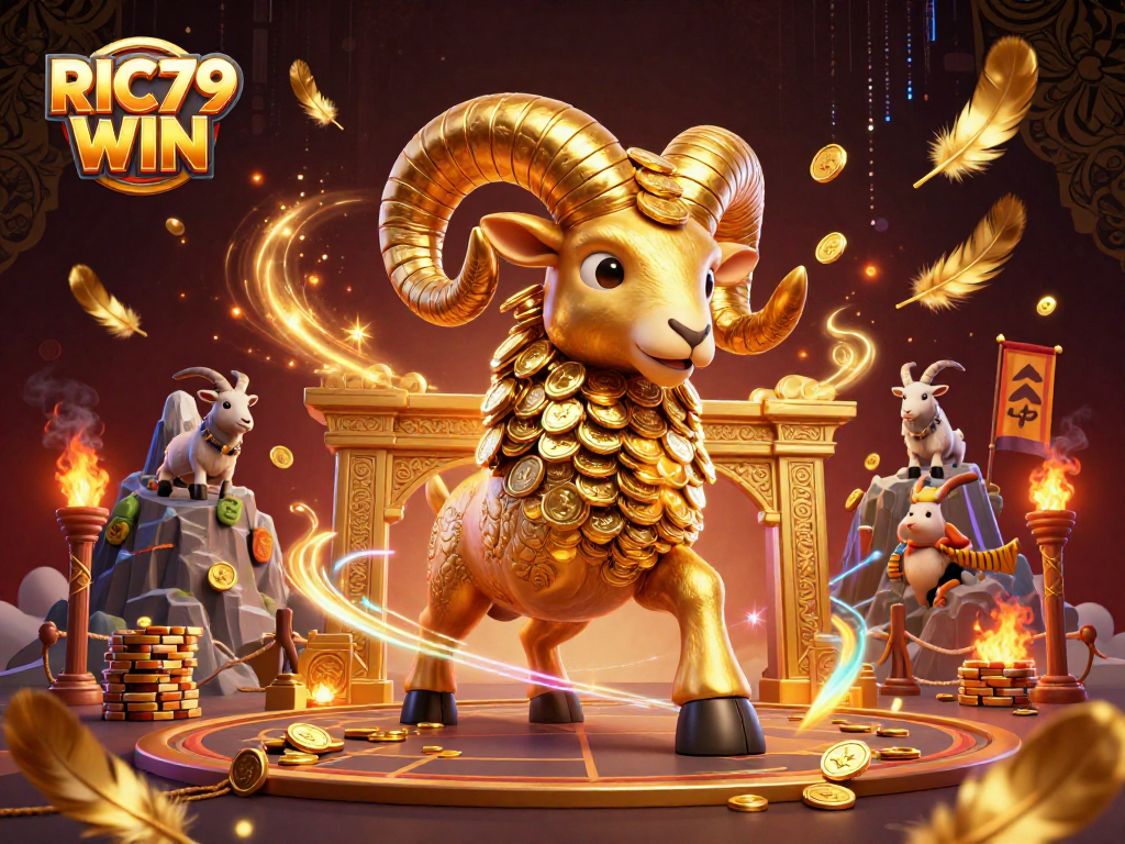 Engage with RIC79 WIN at the vibrant casino, featuring golden ram and dynamic gaming elements.