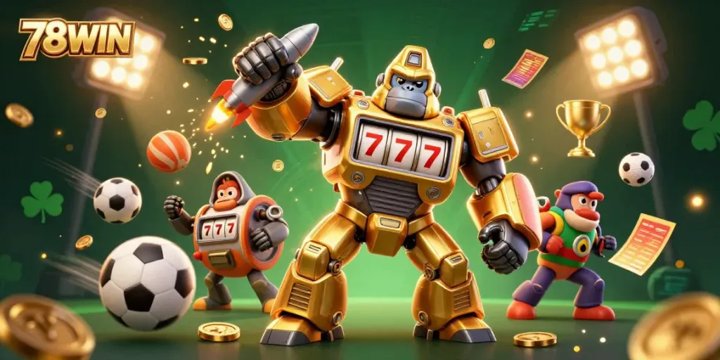 Experience thrilling gameplay with the 78WIN golden gorilla mech champion exploding coins and sports elements.