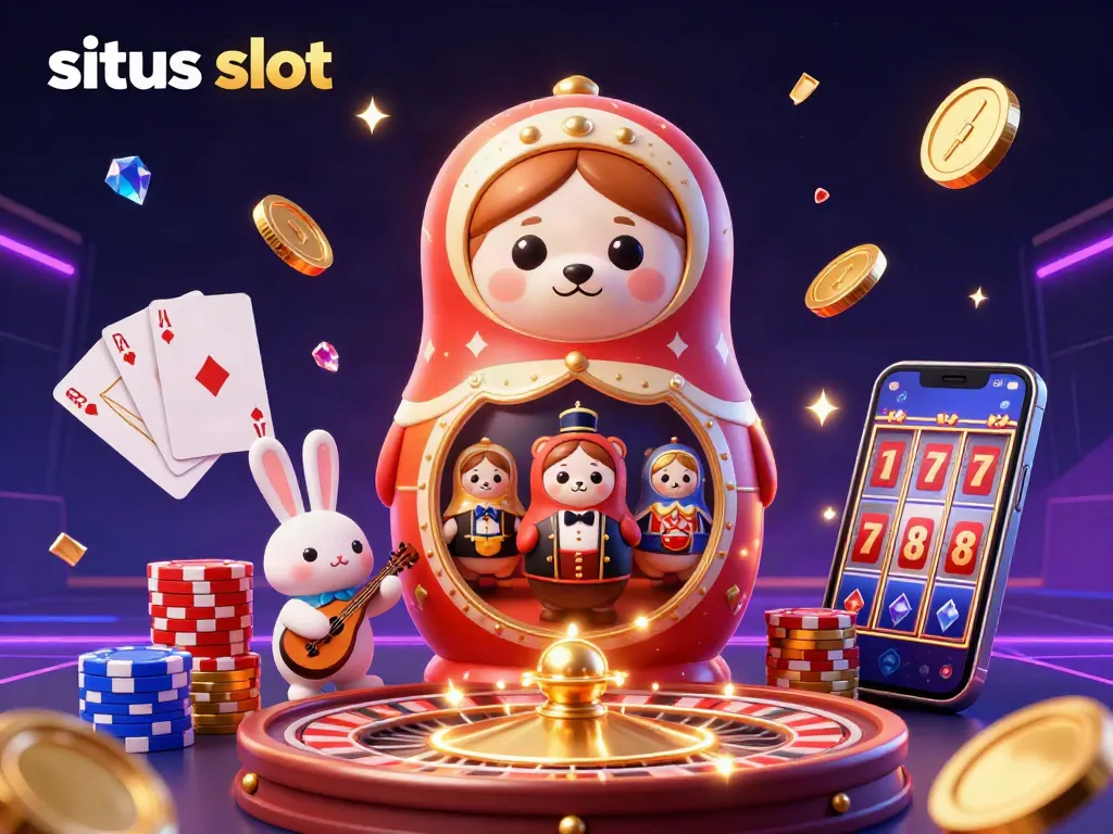 Experience the thrill of situs slot with vibrant casino characters and dynamic gaming elements in this action-packed illustration.