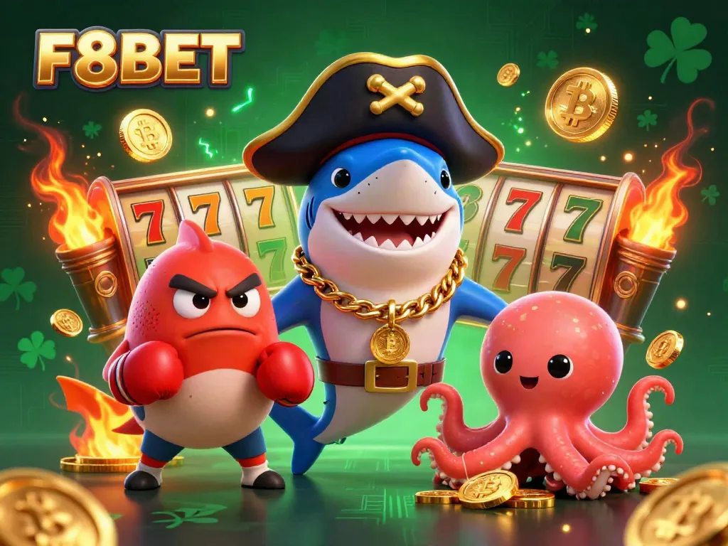 Engage with F8BET's thrilling casino experience featuring characters in a vibrant 3D illustration.