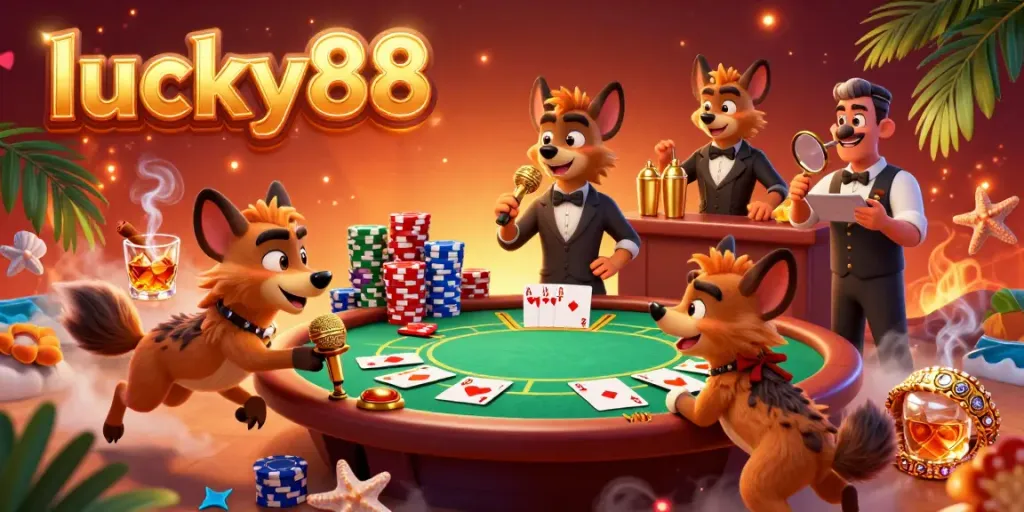 Experience the excitement of lucky88 in a vibrant 3D casino illustration featuring hyenas in action.