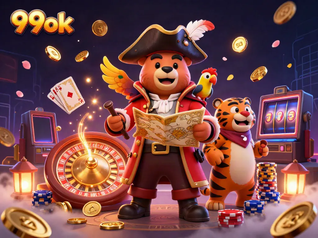 Experience the excitement of 99ok casino with a vibrant scene filled with winning games and golden treasures.