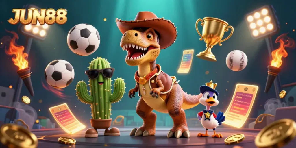 Engage with JUN88's dynamic sports betting scene featuring vibrant characters and action elements.