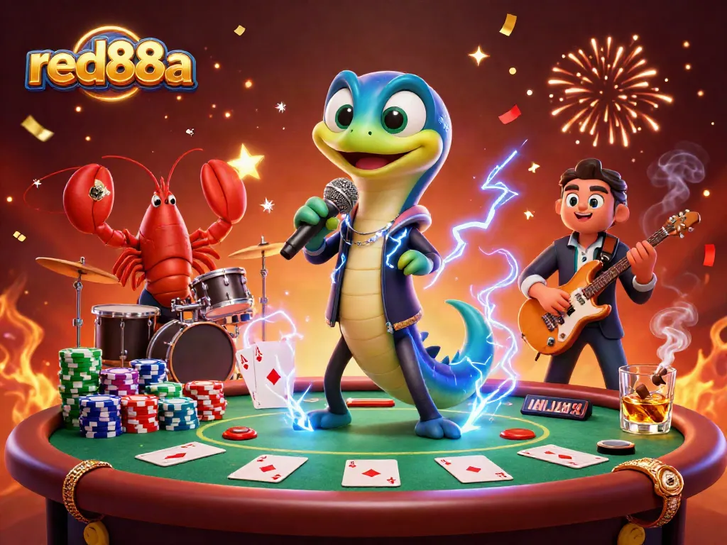 Experience the energy of red88a with a DJ electric eel and casino band in a vibrant underwater scene.
