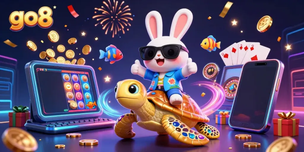 Engage with go8’s online casino through vibrant 3D illustrations showcasing exciting gameplay moments.