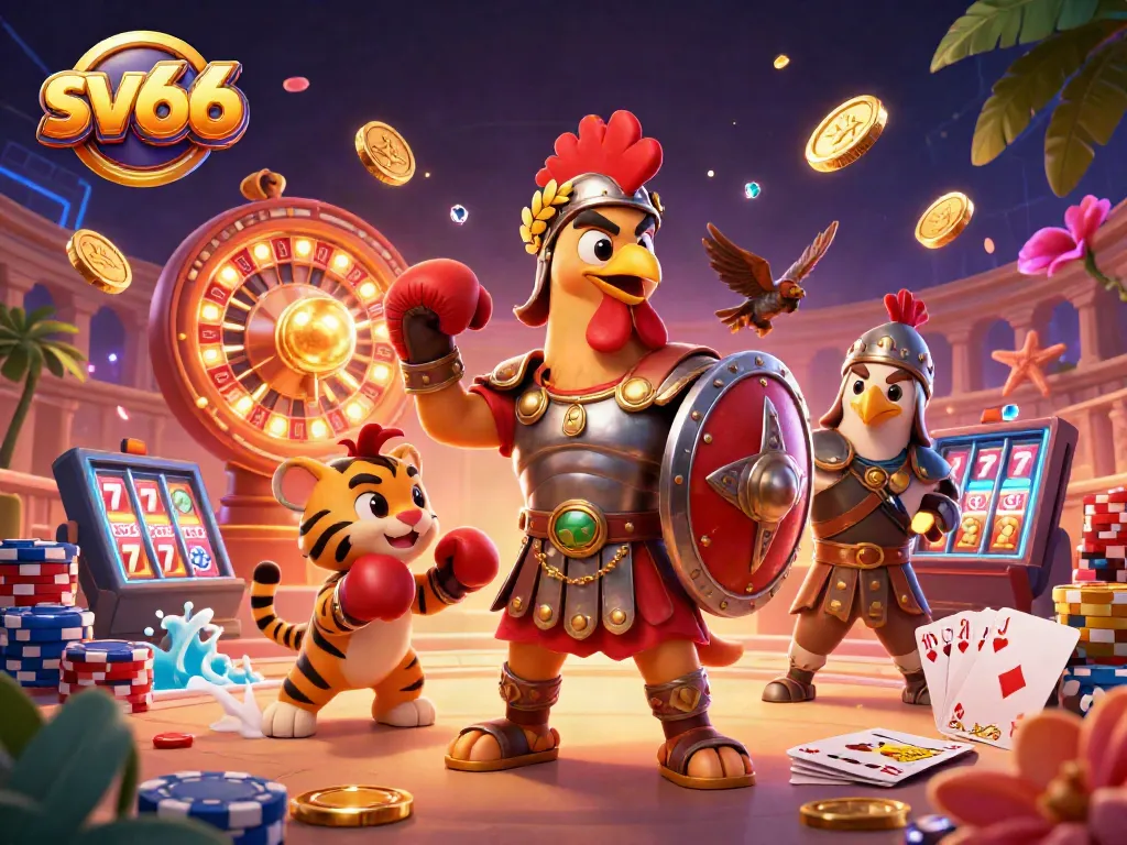 Experience thrilling gaming moments at sv66 with a colorful 3D illustration filled with excitement and casino elements.