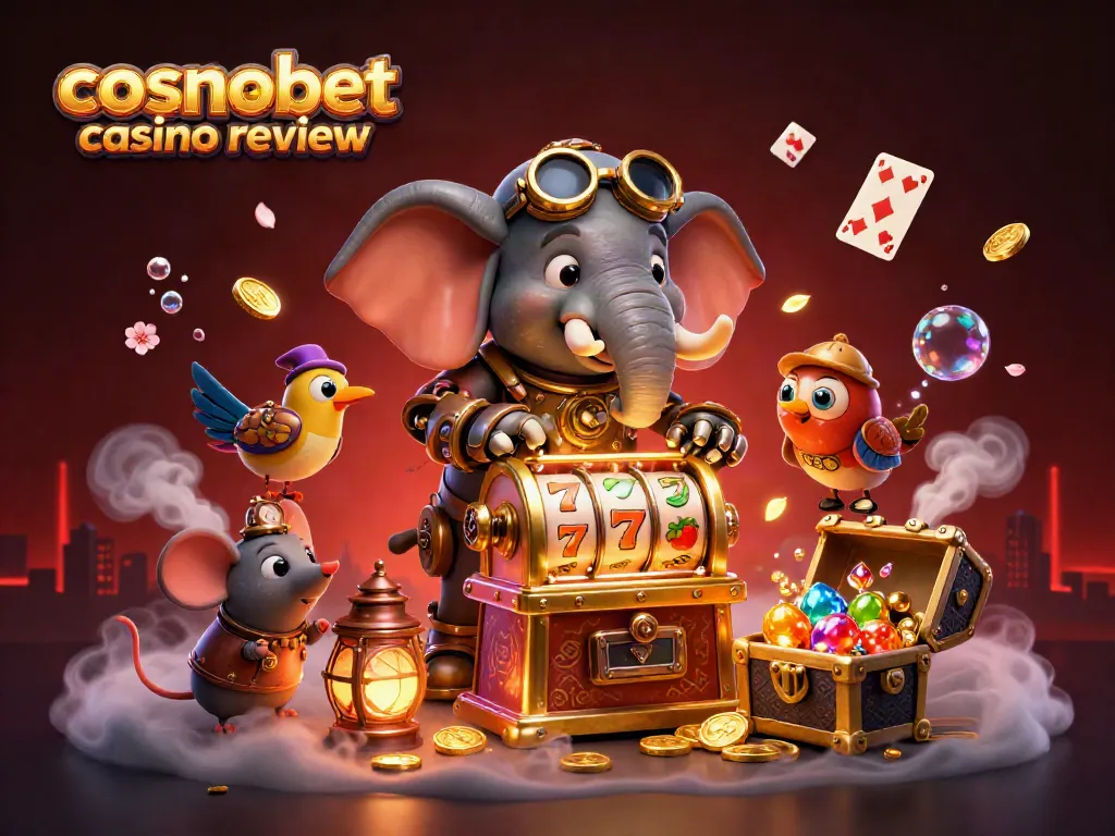 Explore the thrilling Cosmobet casino review through a vibrant 3D casino scene packed with engaging elements.