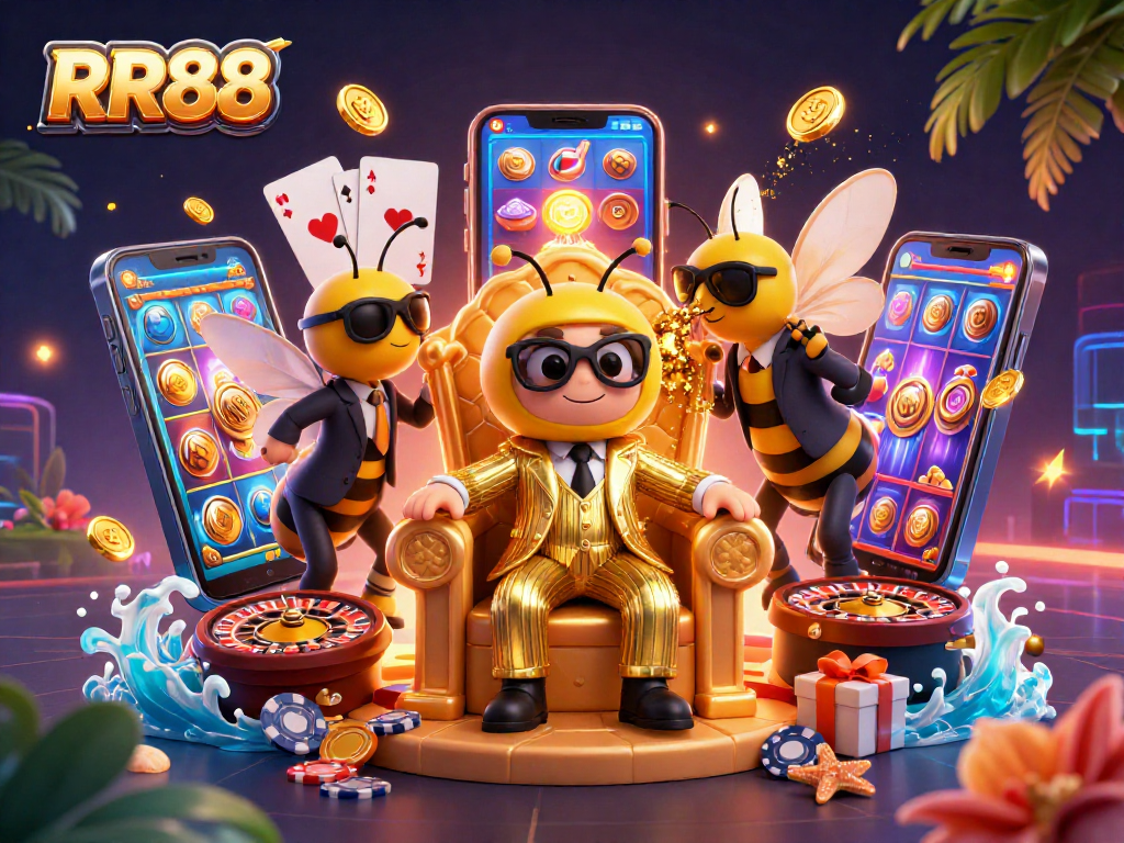 Experience the excitement of RR88 with vibrant 3D casino elements and lively characters engaging in thrilling gaming.
