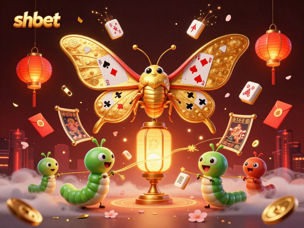 Experience thrill with shbet's engaging 3D casino scene featuring a majestic atlas moth and vibrant game elements.