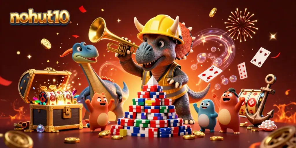 Join the action at nohut10 with a fun cartoon scene featuring a triceratops building poker chips and celebrating!