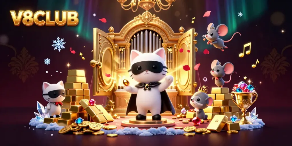 Experience V8CLUB magic with an enchanting casino-themed scene of fortune and fun, featuring dynamic casino characters.