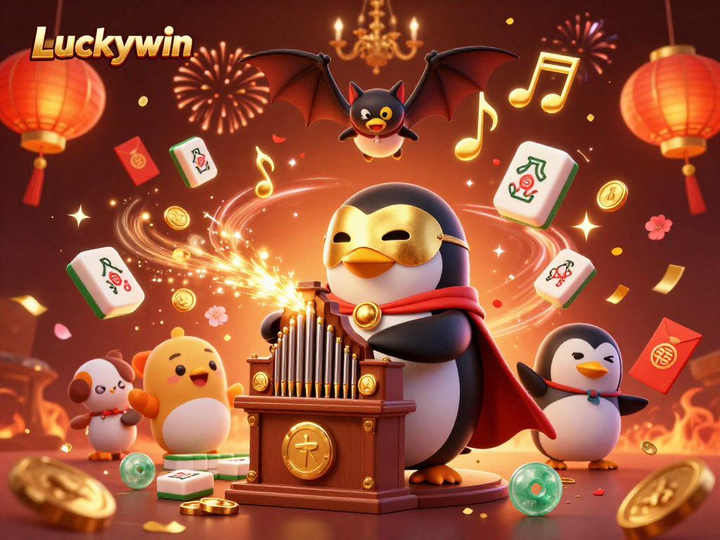 Luckywin casino scene with a penguin organist shooting golden coins in a festive atmosphere.