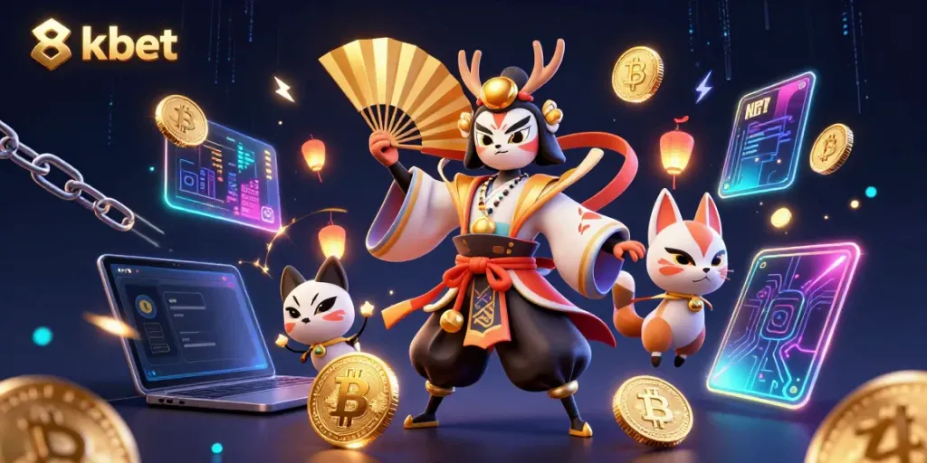 Experience the vibrant world of 8xbet with a kabuki warrior and crypto elements in action.