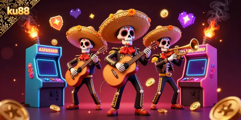Engage in winning experiences with ku88 through lively 3D illustrations of a vibrant mariachi band and gaming elements.