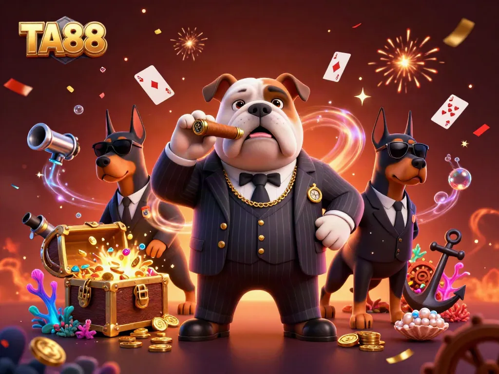 TA88 showcases a dynamic 3D casino scene with a mafia bulldog and Doberman bodyguards amidst treasures and gaming elements.