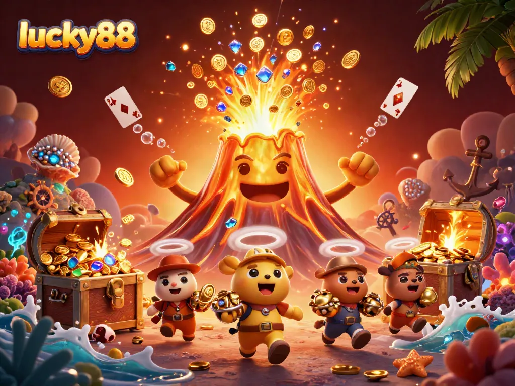 Experience the thrill of lucky88 with a gold volcano, treasures, and casino elements creatively blended.