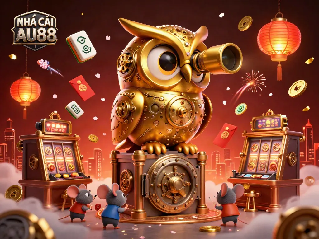 Engage with NHÀ CÁI AU88 in this vibrant 3D illustration of a golden owl surveying an exciting casino floor filled with game elements.