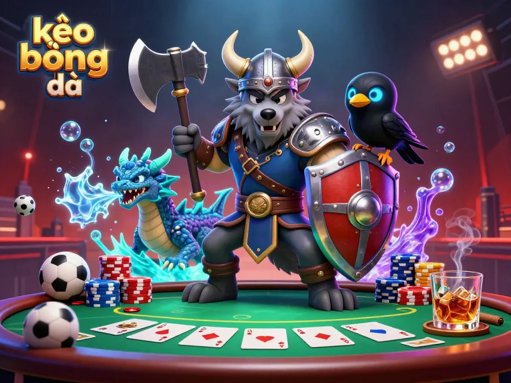 Engaging kèo bóng đá sports betting scene with Viking warrior and dragon in action.