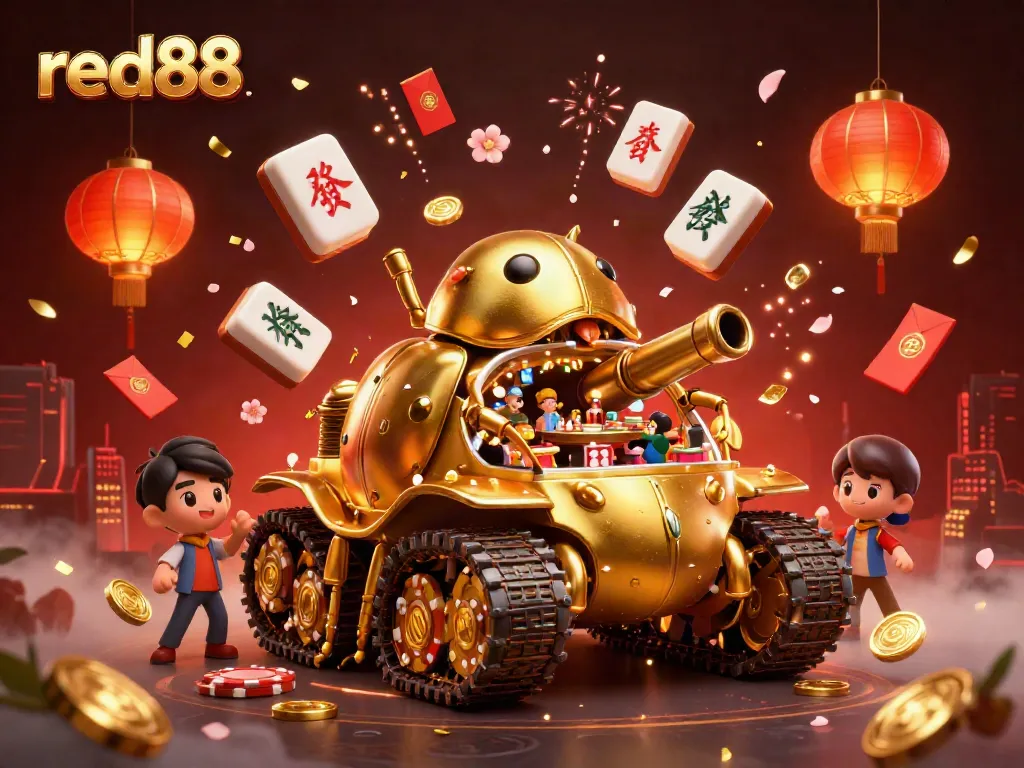 Experience the excitement of red88 casino with a vibrant 3D scene featuring a golden beetle tank and game elements.