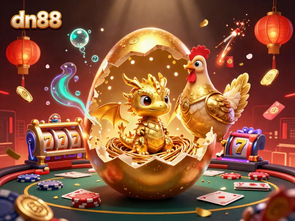 Bet on big wins with dn88's golden egg, a magical casino scene filled with vibrant poker elements.