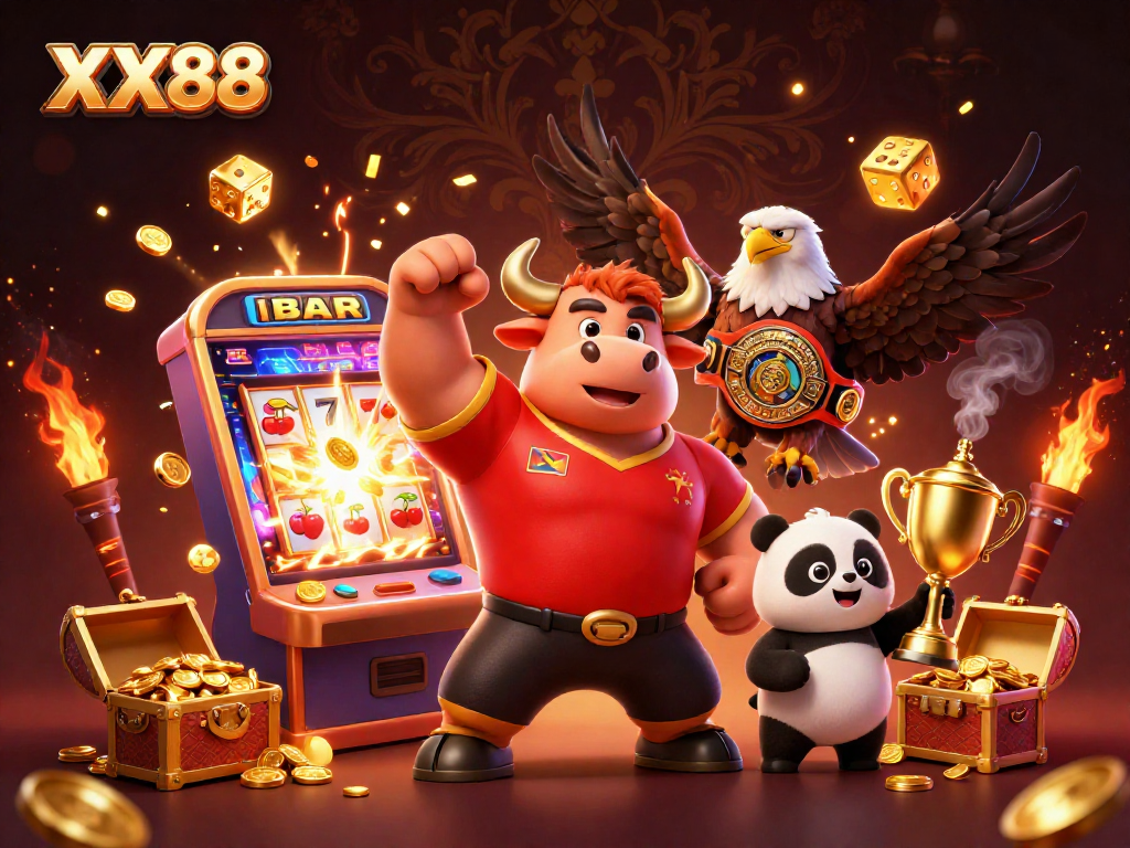 Experience the excitement of XX88 as the bull mascot celebrates with jackpot wins and vibrant casino elements.